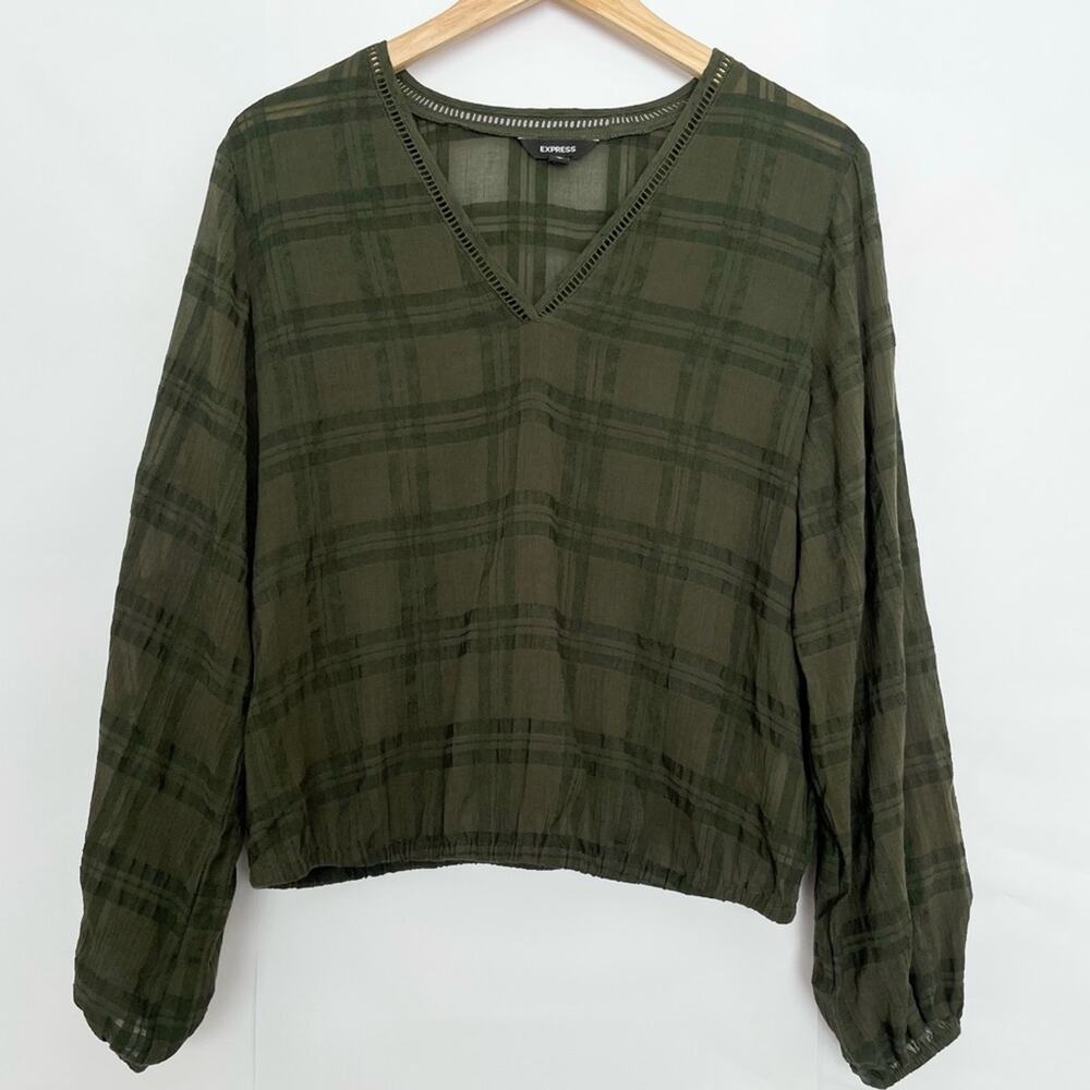 Express V-Neck Blouse Sheer Long Sleeve Relaxed Fit Officewear Size Medium Olive - Picture 15 of 15